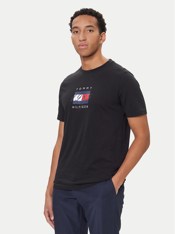 Tommy Hilfiger Tommy Hilfiger Marškinėliai Linear Flag MW0MW41338 Juoda Regular Fit