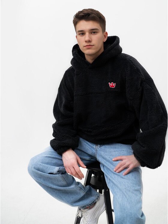Jigga Wear Jigga Wear Bluza Bluza Sherpa Z Kapturem Męska Oversize Czarna Teddy Simple Crown Stitch XXL Czarny Oversize