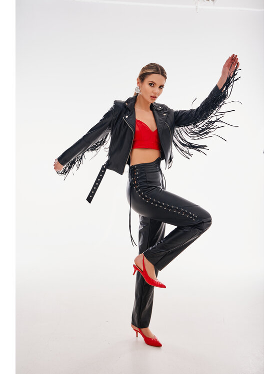 Mimika Mimika Kurtka skórzana Empire Ramoneska basic z odpinanymi frędzlami Czarny Regular Fit