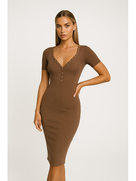 Nudyess Nudyess Sukienka dzianinowa Fiori midi z prążka Brązowy Fitted Fit
