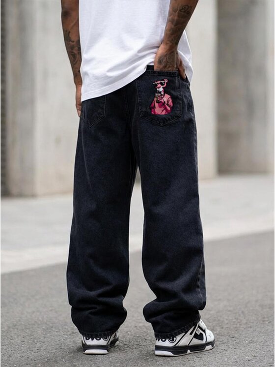 Jigga Wear Jigga Wear Jeansy Szerokie luźne pantera różowa 130774 Czarny Baggy Fit
