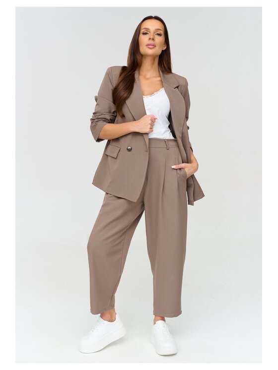 Makadamia Makadamia Komplet żakiet i spodnie materiałowe C90 Brązowy Loose Fit