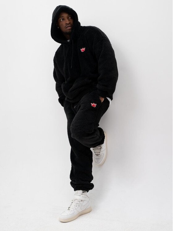 Komplet dresowy Jigga Wear, Rozmiar XXL, Czarny, Zestaw Sherpa Bluza z Kapturem + Spodnie Czarny Teddy Simple Crown L