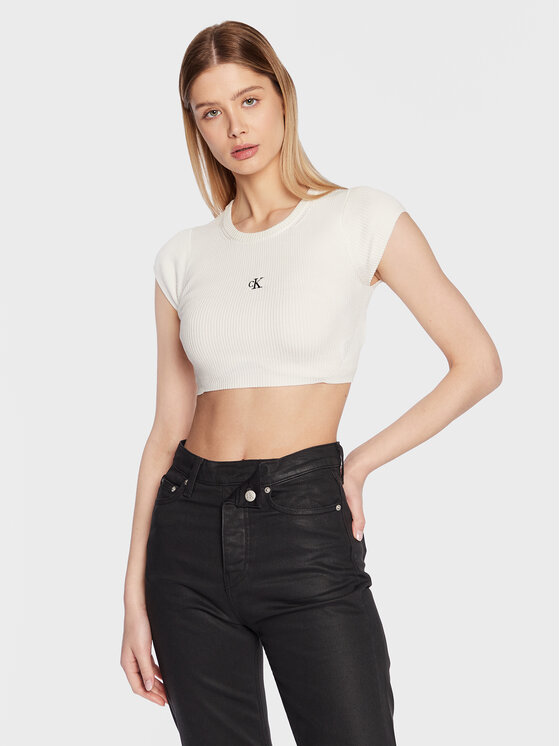 Calvin Klein Jeans Blūze J20J220709 Balts Cropped Fit