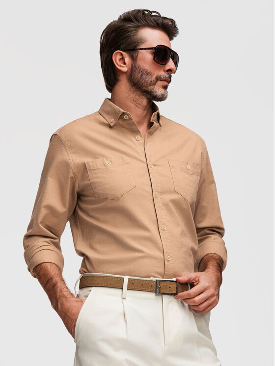 Ombre Ombre Koszula K706 Brązowy Regular Fit