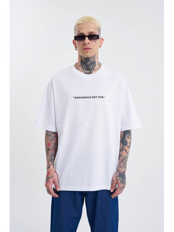 MyStars MyStars T-Shirt Koszulka Z Krótkim Rękawem Oversize Męska Biała Machinist Dangerous XL Biały Oversize