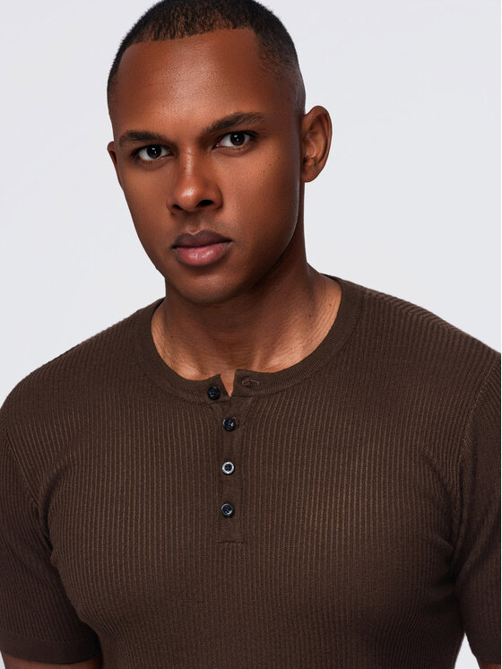 Ombre Ombre T-Shirt OM-TSCT-0304 Tmavě hnědá Slim Fit