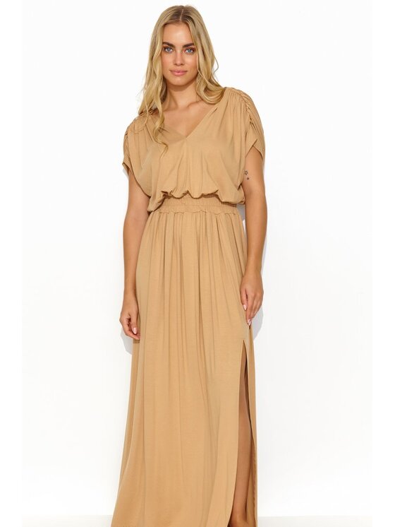 Makadamia Makadamia Sukienka codzienna M825 Beżowy Comfortable Fit