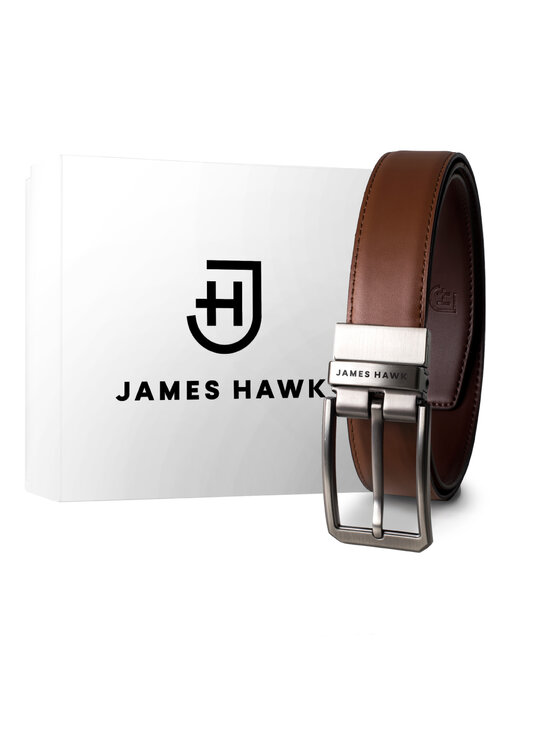 Pasek Męski James Hawk, Brązowy, Męski skórzany pasek dwustronny