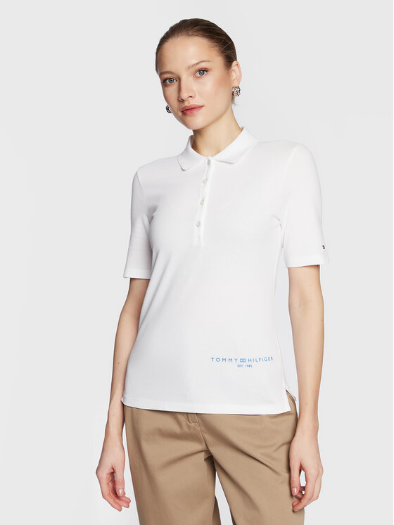 Tommy Hilfiger Tommy Hilfiger Тениска с яка и копчета Logo WW0WW37628 Бял Slim Fit