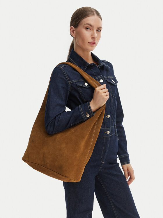 Calvin Klein Geantă Slouchy Suede Leather Medium Bag LV04F3597G Maro