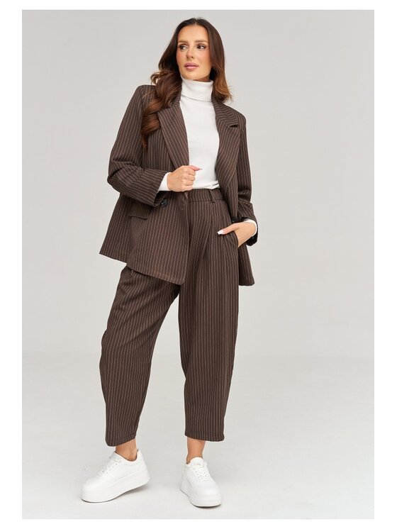 Makadamia Makadamia Komplet żakiet i spodnie materiałowe C102 Brązowy Loose Fit