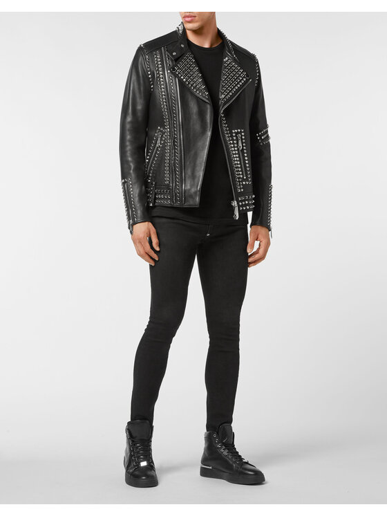 PHILIPP PLEIN PHILIPP PLEIN Kožená bunda 3637 Čierna Slim Fit
