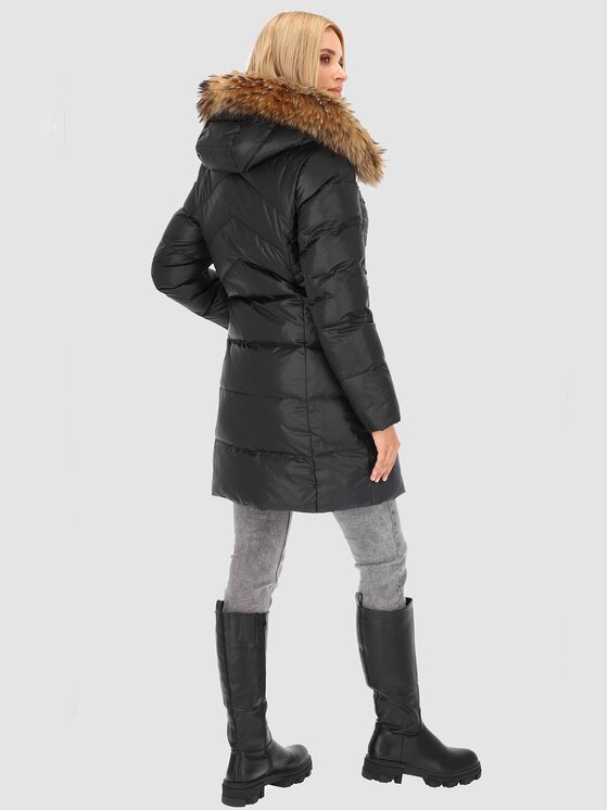 Perso Perso Kurtka zimowa z futrem przy kapturze Czarny Slim Fit