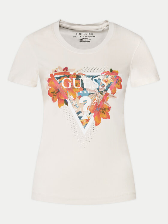 Guess Guess Tricou Ss Cn Tropical Train W4GI62 J1314 Écru Slim Fit