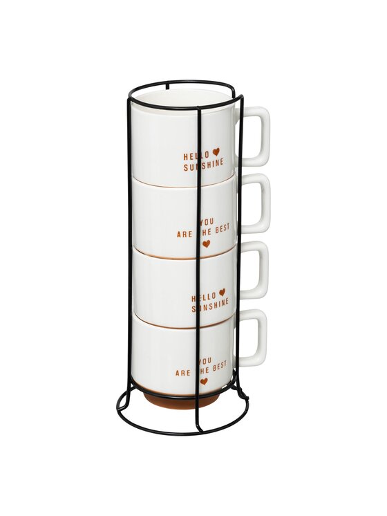 MIAhome MIAhome Zestaw 4 ceramicznych kubków na metalowym stojaku, 4 x 300 ml Biały