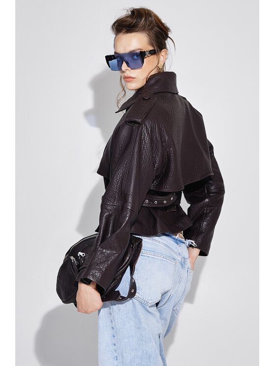 Mimika Mimika Kurtka skórzana lenny 2.0 krótki trench z brązowej, teksurowanej skóry Brązowy Oversize