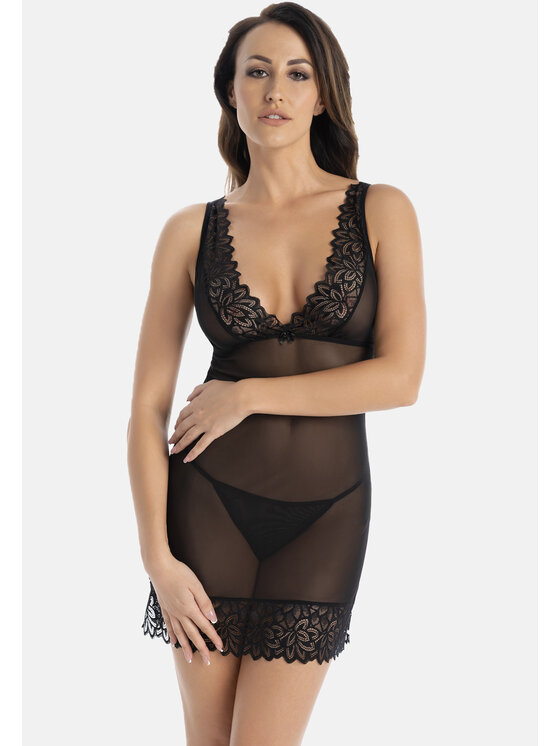 Teyli Teyli Koszula nocna damska siateczkowa Excellent Czarny Slim Fit