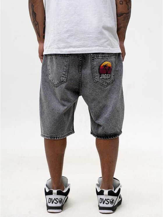 Jigga Wear Jigga Wear Szorty jeansowe Szerokie luźne za duże bagy palmy zachód 130780 Szary Baggy Fit
