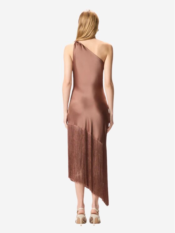 PINKO PINKO Sukienka wieczorowa Abito corto monospalla in satin con frange Brązowy Regular Fit
