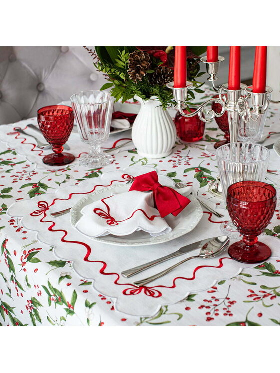 Roseberry Home Roseberry Home Podkładka na stół haftowana Red Christmas Bows Biały