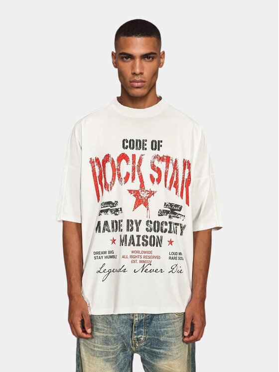 MADE BY SOCIETY MADE BY SOCIETY T-Shirt Tricou Rock Star - T17484 Biały Basic Fit