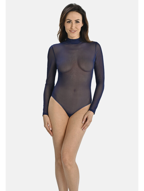 Teyli Teyli Body z transparentnej siateczki z półgolfem Amy Niebieski Regular Fit