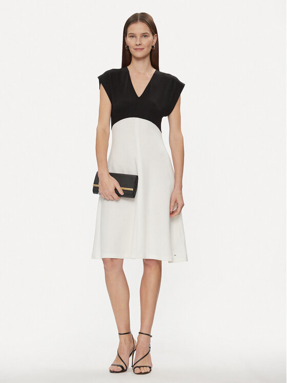 Tommy Hilfiger Tommy Hilfiger Abito da cocktail Shiny Interlock V-Nk Ns Knee Drs WW0WW40731 Écru Slim Fit