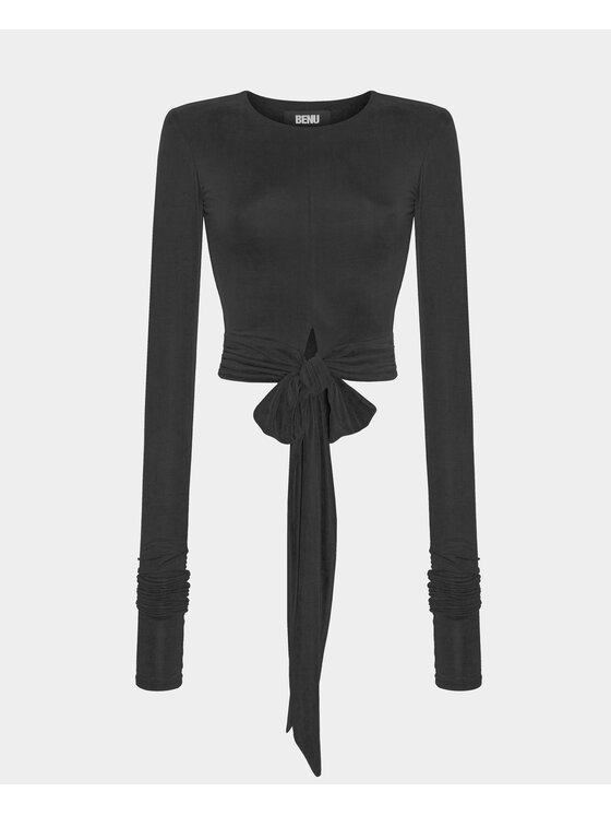 BENU BENU Blusa Cupro z Wiązaniem Nero Slim Fit