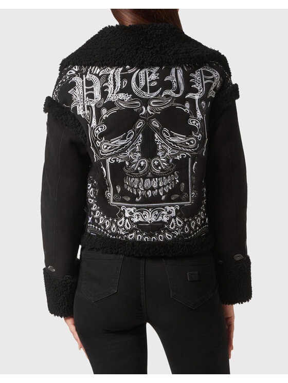 PHILIPP PLEIN PHILIPP PLEIN Kožený plášť 6785 Čierna Loose Fit