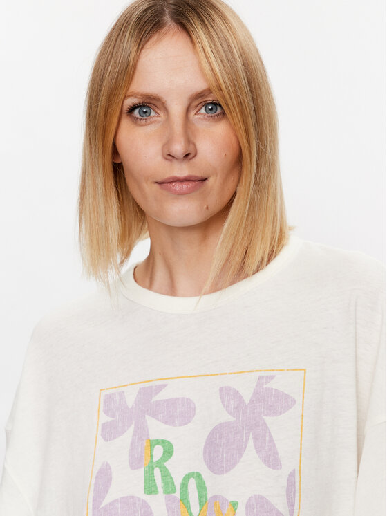 Roxy Roxy Marškinėliai Sweet Flowers ERJZT05469 Écru Relaxed Fit