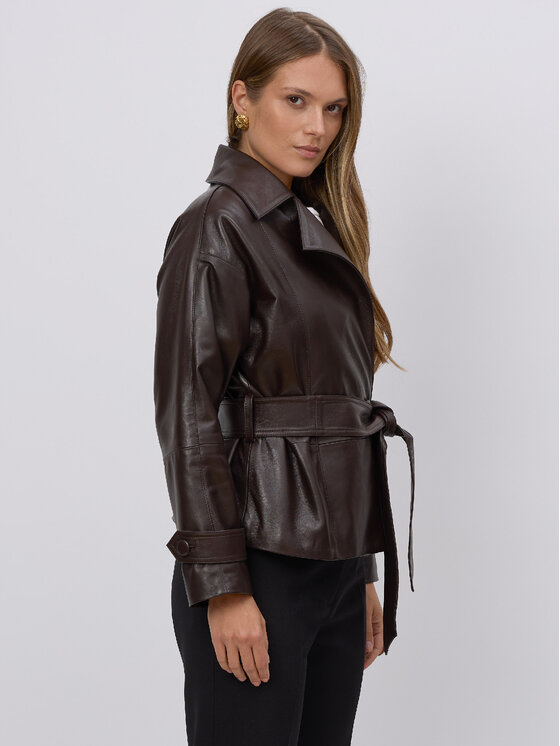 FAN LEATHER Fan Leather Kurtka skórzana Brązowa z Oddzielnym Paskiem Brązowy Oversize