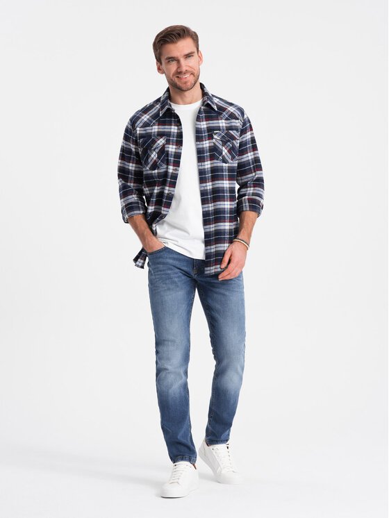 Ombre Ombre Košile OM-SHCS-0149 Tmavomodrá Slim Fit
