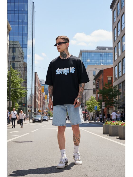 MyStars MyStars T-Shirt Koszulka Z Krótkim Rękawem Oversize Męska Czarna Premium Savage AF Luźna szeroka L Czarny Oversize