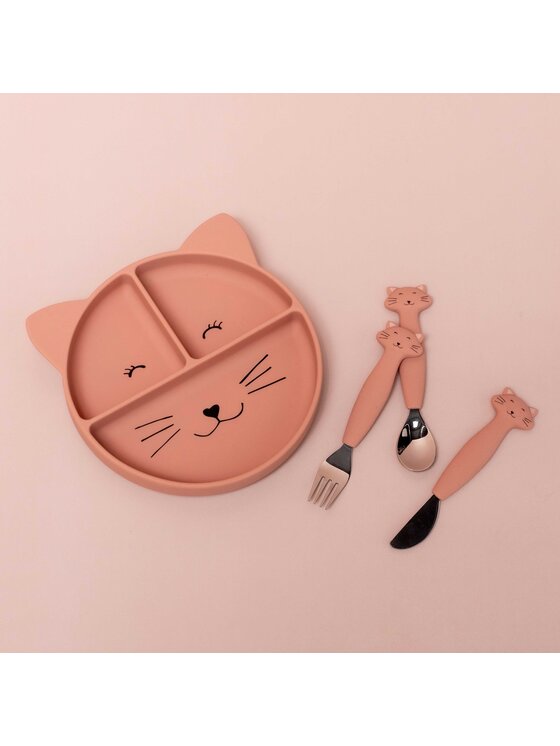 Trixie Baby Trixie Baby Komplet sztućców dziecięcych Silikonowy Zestaw Sztućców 3 szt. - Kot Różowy