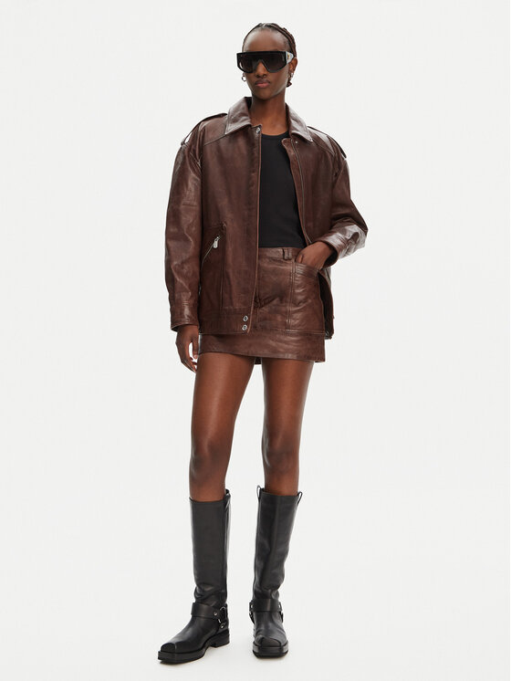 PINKO PINKO Kožna suknja Geordie 104957 A2I1 Smeđa Slim Fit