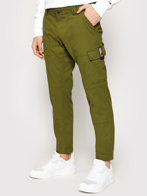 Tommy Jeans Medžiaginės kelnės Scanton Dobby Cargo DM0DM11281 Žalia Slim  Fit • Modivo.lt