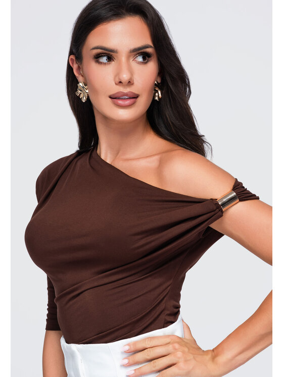 Ombre Ombre Bluzka OW-TS-E0075 Brązowy Slim Fit