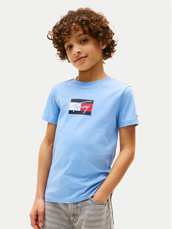 Tommy Hilfiger T-Shirt Script Flag KB0KB09725 Błękitny Regular Fit