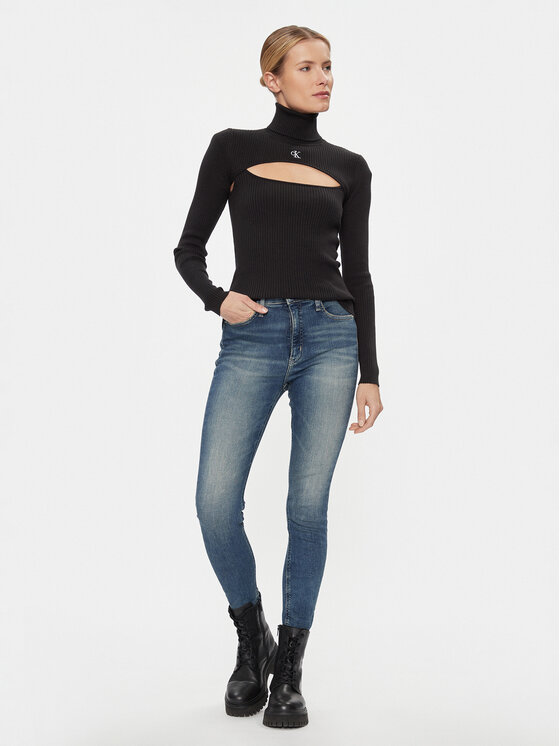 Calvin Klein Jeans Calvin Klein Jeans Krekls ar augstu apkakli 2 In 1 Cut Out Tight Sweater J20J222621 Melns Slim Fit