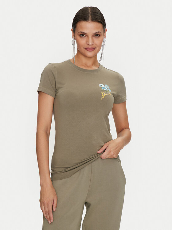 Guess Tricou Flowers W4YI30 J1314 Verde Slim Fit