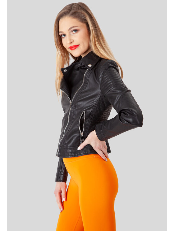Perso Perso Bunda z imitácie kože z suwakiem Čierna Slim Fit