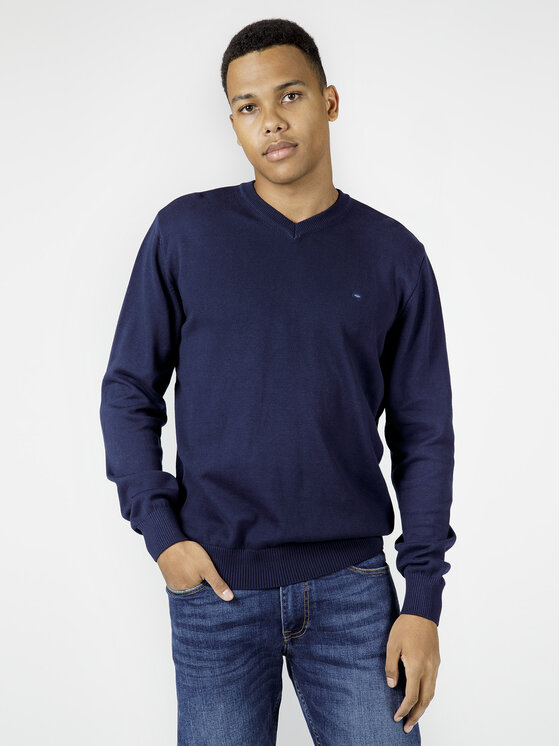 Cross Jeans Cross Jeans Sweter 34157-001 Granatowy V-Neck Fit
