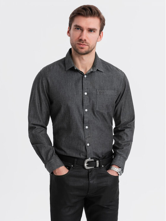 Ombre Ombre Koszula jeansowa OM-SHDS-0181 Czarny Regular Fit