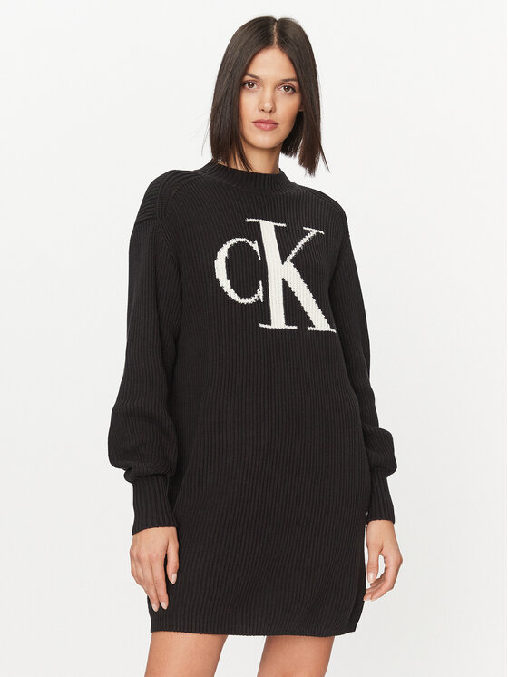 Calvin Klein Jeans Rochie tricotată Intarsia J20J222294 Negru Relaxed Fit