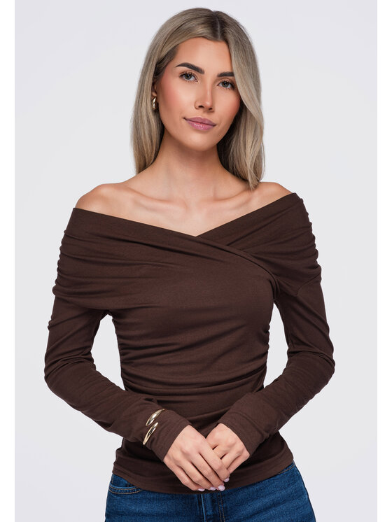 Ombre Ombre Bluzka OW-TS-E0088 Brązowy Regular Fit