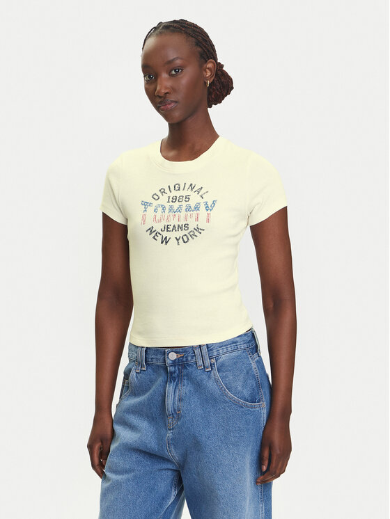Tommy Jeans Tricou DW0DW21421 Écru Slim Fit