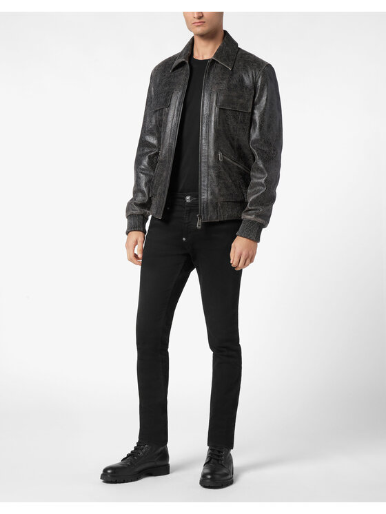 PHILIPP PLEIN PHILIPP PLEIN Kurtka skórzana 21123 Szary Regular Fit