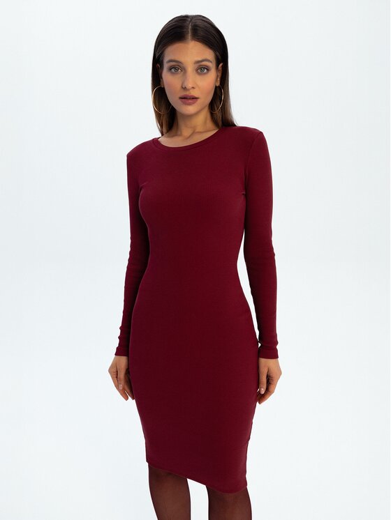 Nudyess Nudyess Sukienka dzianinowa Eos Mimi z prążka Bordowy Fitted Fit