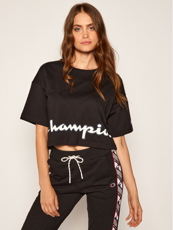 Champion T-Shirt Cropped Script Logo Print Boxy 112655 Czarny Oversize